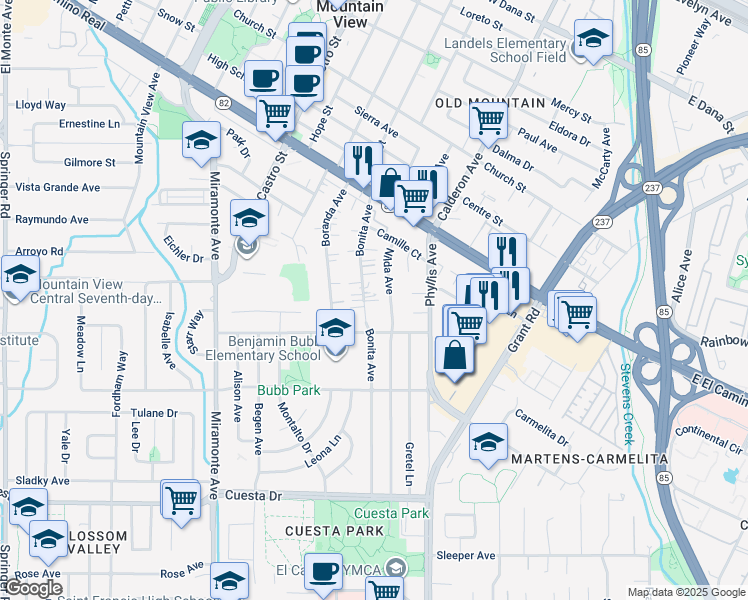 map of restaurants, bars, coffee shops, grocery stores, and more near 1173 Bonita Avenue in Mountain View