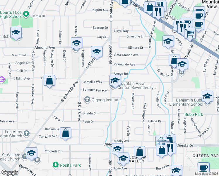 map of restaurants, bars, coffee shops, grocery stores, and more near 1425 Springer Road in Mountain View