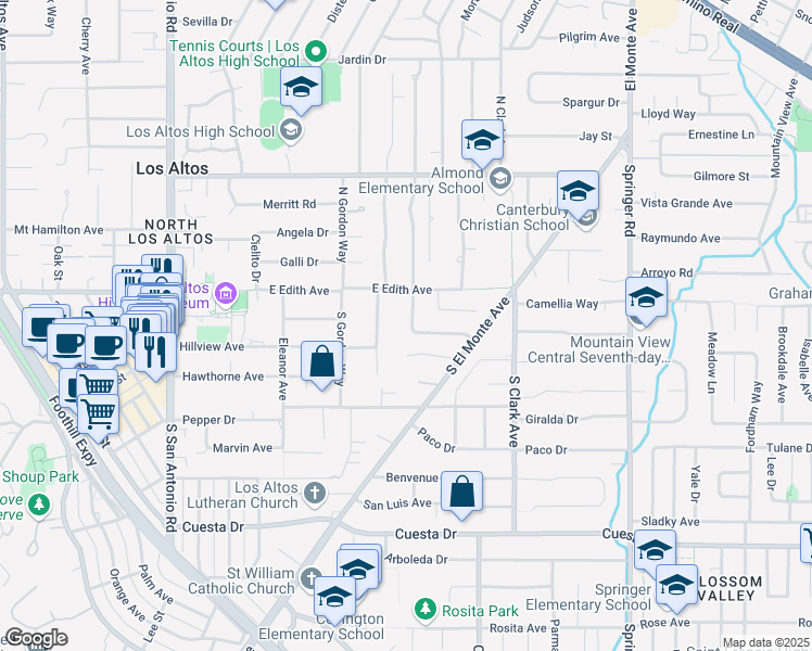 map of restaurants, bars, coffee shops, grocery stores, and more near 416 Santa Barbara Drive in Los Altos