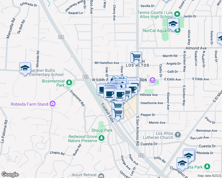 map of restaurants, bars, coffee shops, grocery stores, and more near 296 State Street in Los Altos