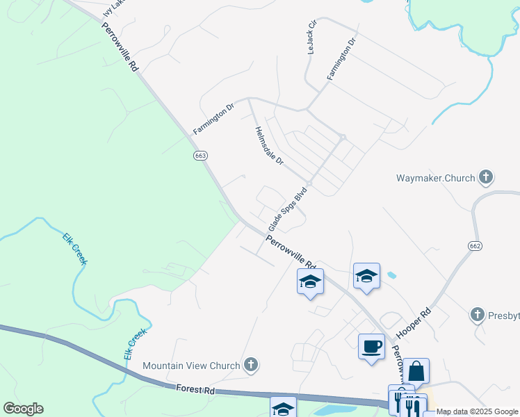 map of restaurants, bars, coffee shops, grocery stores, and more near 1050 Commonwealth Circle in Forest