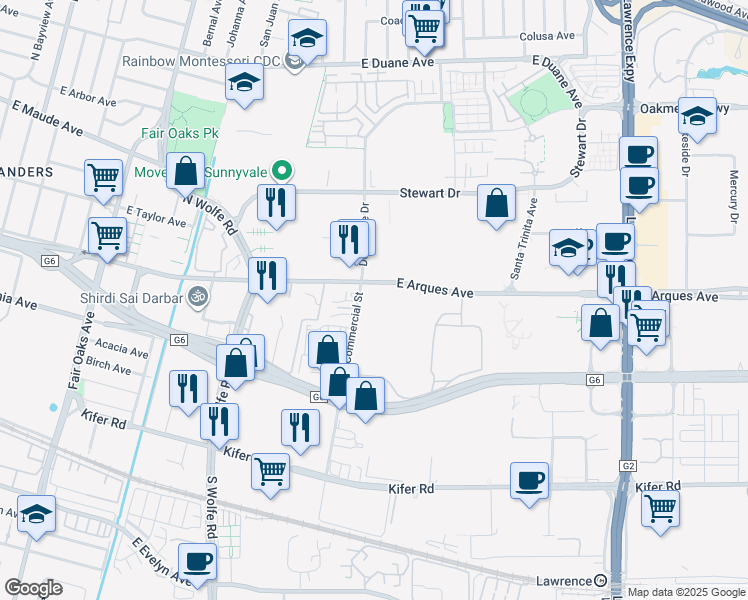 map of restaurants, bars, coffee shops, grocery stores, and more near 928 East Arques Avenue in Sunnyvale