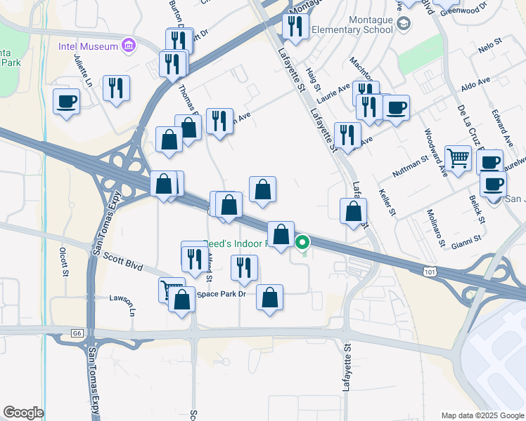 map of restaurants, bars, coffee shops, grocery stores, and more near 1423 Laurelwood Road in Santa Clara