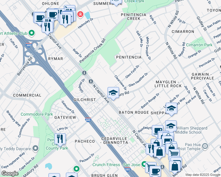 map of restaurants, bars, coffee shops, grocery stores, and more near 2598 Mabury Square in San Jose