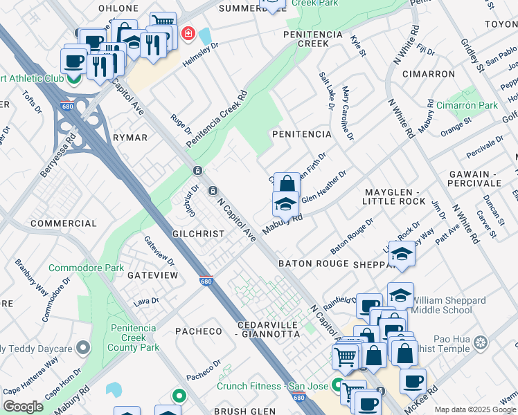 map of restaurants, bars, coffee shops, grocery stores, and more near 2598 Mabury Square in San Jose