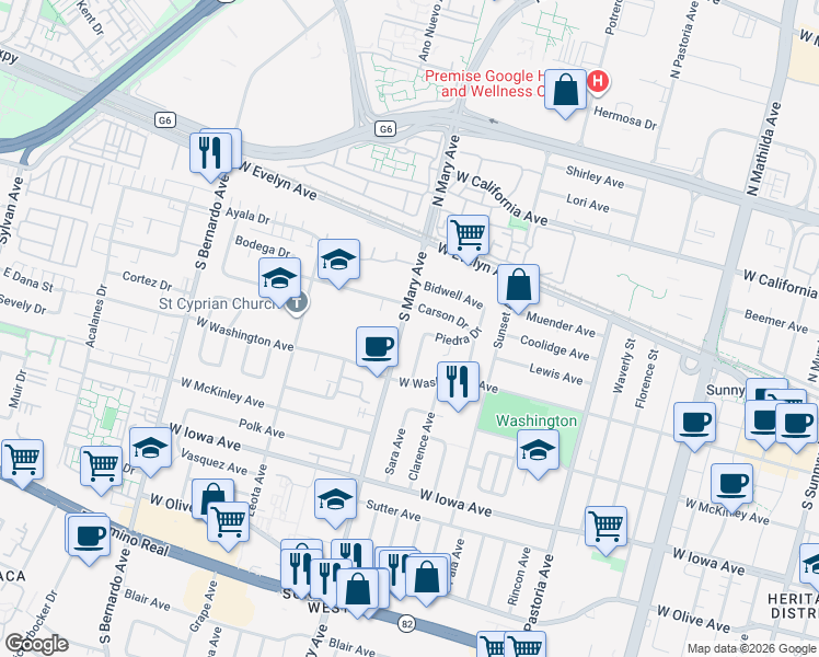 map of restaurants, bars, coffee shops, grocery stores, and more near 136 South Mary Avenue in Sunnyvale