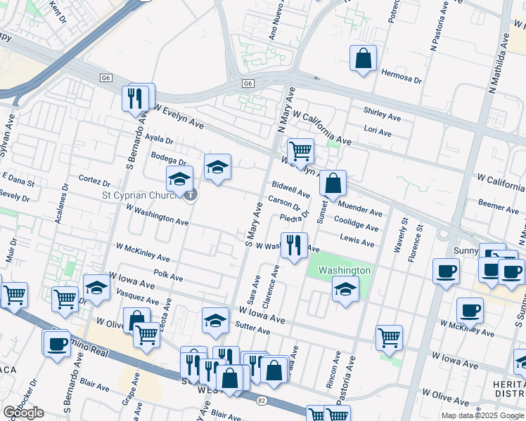 map of restaurants, bars, coffee shops, grocery stores, and more near 136 South Mary Avenue in Sunnyvale