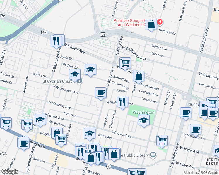 map of restaurants, bars, coffee shops, grocery stores, and more near 136 South Mary Avenue in Sunnyvale