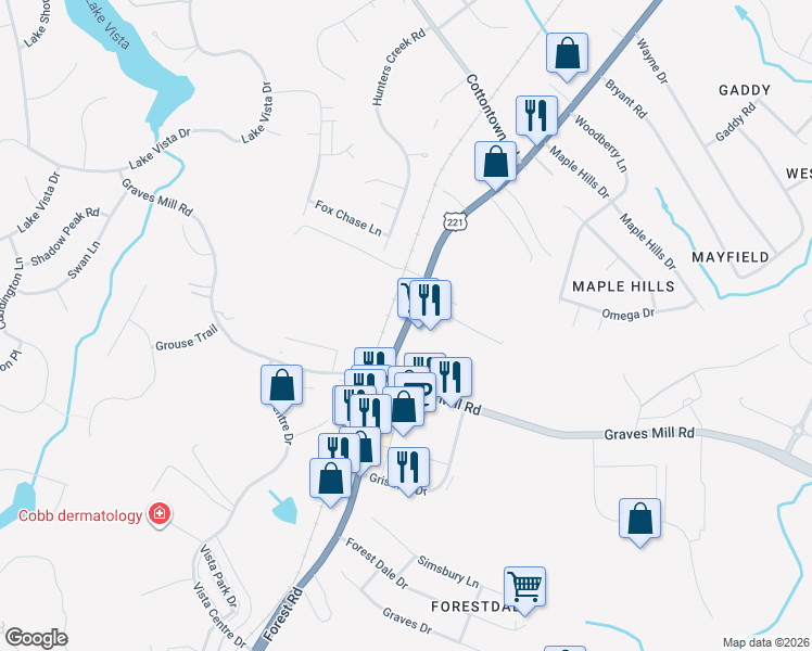 map of restaurants, bars, coffee shops, grocery stores, and more near 18134 Forest Road in Forest