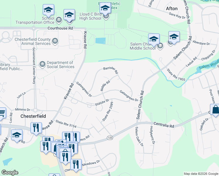 map of restaurants, bars, coffee shops, grocery stores, and more near 6128 Gatesgreen Drive in Chesterfield