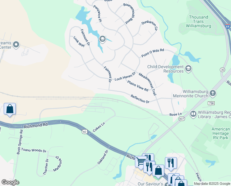 map of restaurants, bars, coffee shops, grocery stores, and more near 242 Reflection Drive in Williamsburg