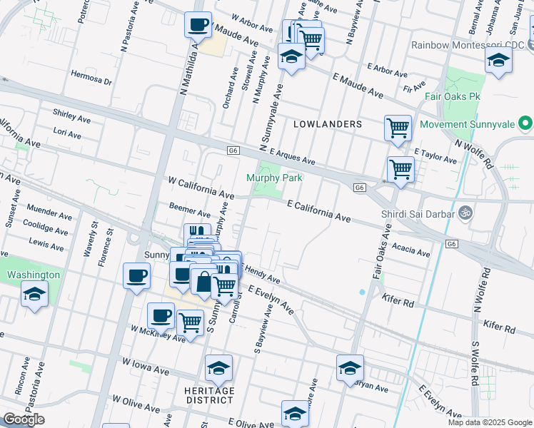 map of restaurants, bars, coffee shops, grocery stores, and more near 6 Oak Court in Sunnyvale
