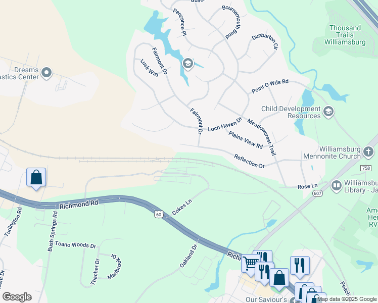 map of restaurants, bars, coffee shops, grocery stores, and more near 252 Reflection Drive in Williamsburg