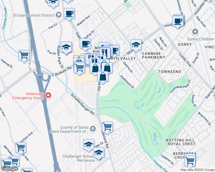 map of restaurants, bars, coffee shops, grocery stores, and more near 1580 Oakland Road in San Jose
