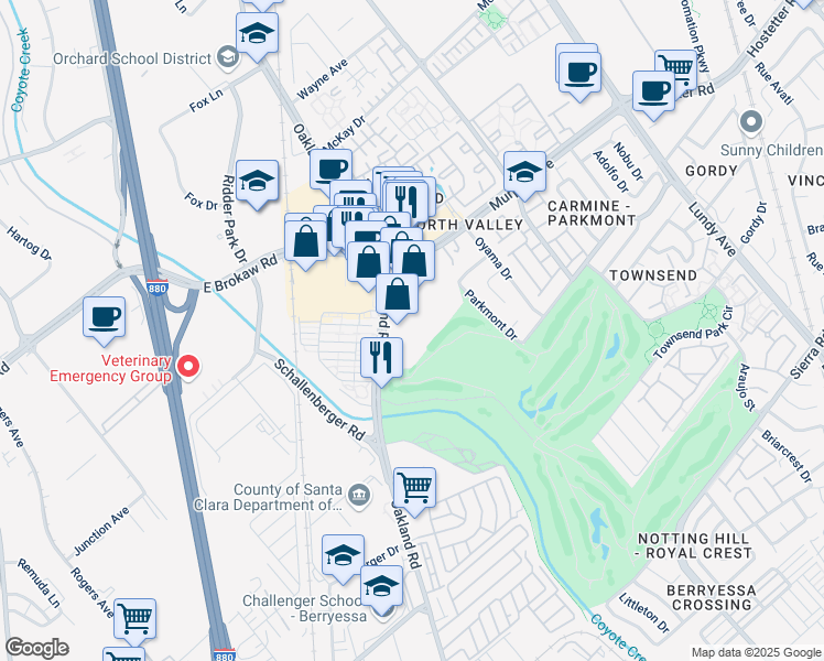 map of restaurants, bars, coffee shops, grocery stores, and more near 1580 Oakland Road in San Jose