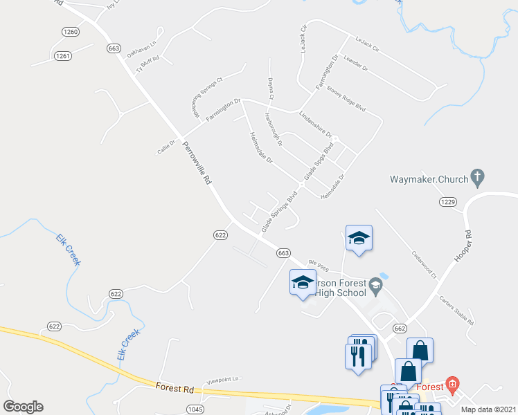 map of restaurants, bars, coffee shops, grocery stores, and more near Commonwealth Circle in Forest
