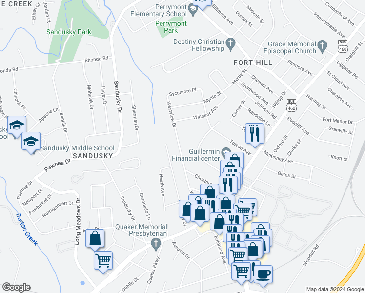 map of restaurants, bars, coffee shops, grocery stores, and more near 810 Westview Drive in Lynchburg