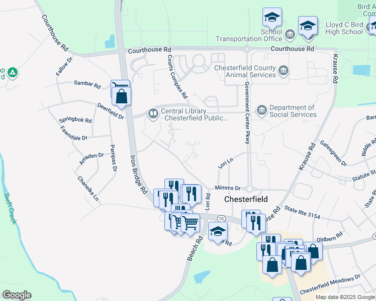 map of restaurants, bars, coffee shops, grocery stores, and more near 9608 Tree Line Terrace in Chesterfield