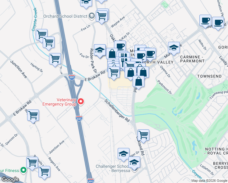 map of restaurants, bars, coffee shops, grocery stores, and more near 975 Cassia Place in San Jose