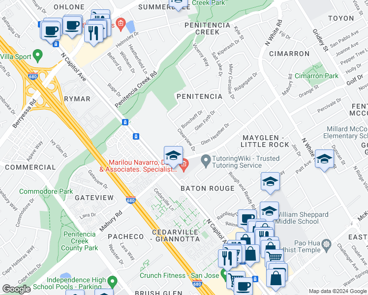 map of restaurants, bars, coffee shops, grocery stores, and more near 2671 Mabury Square in San Jose