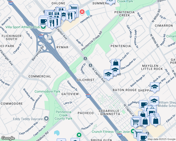 map of restaurants, bars, coffee shops, grocery stores, and more near 886 Gilchrist Drive in San Jose