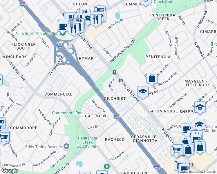 map of restaurants, bars, coffee shops, grocery stores, and more near 2491 Golzio Court in San Jose