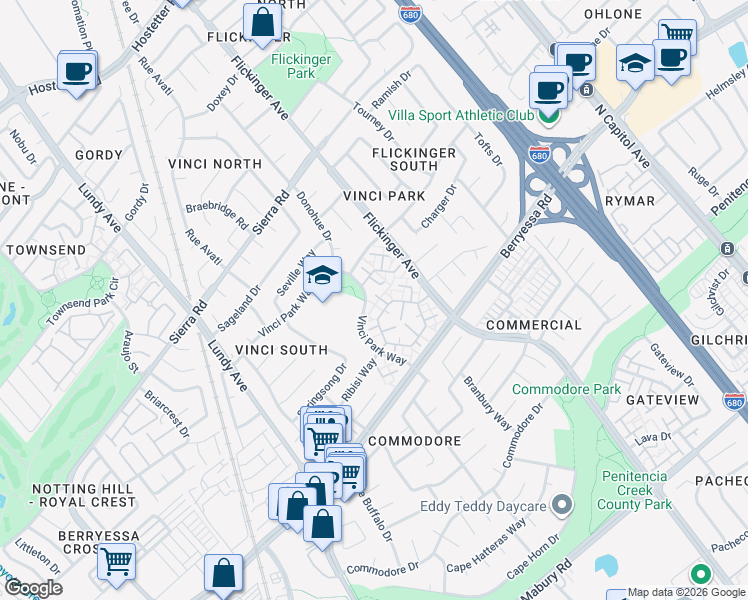 map of restaurants, bars, coffee shops, grocery stores, and more near 1215 Ribisi Circle in San Jose