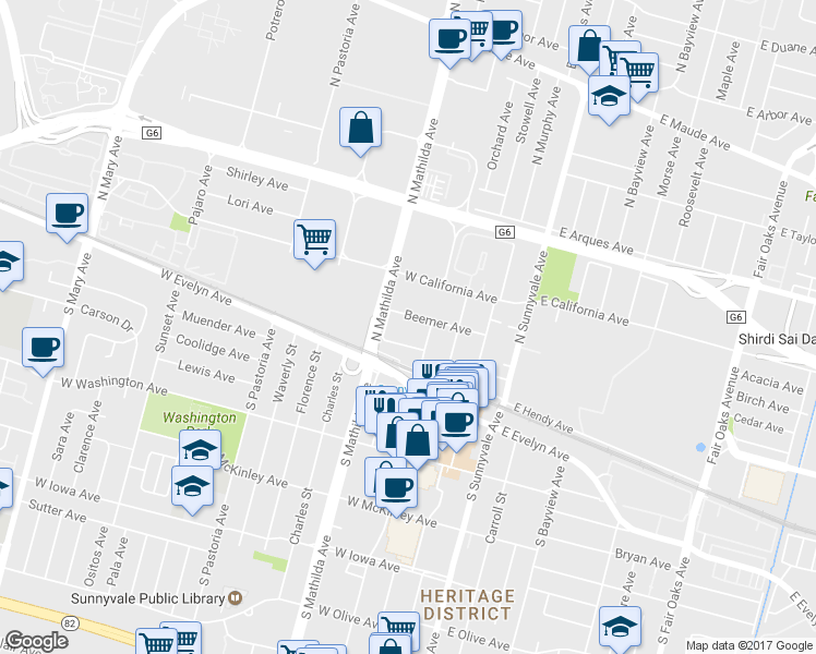 map of restaurants, bars, coffee shops, grocery stores, and more near 343 Angel Avenue in Sunnyvale
