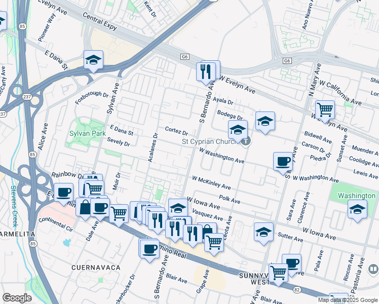 map of restaurants, bars, coffee shops, grocery stores, and more near 230 Arriba Drive in Sunnyvale