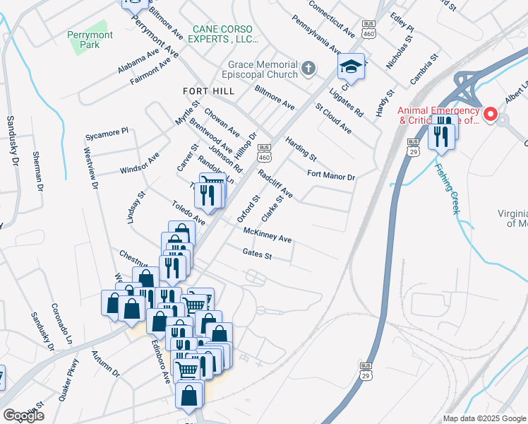 map of restaurants, bars, coffee shops, grocery stores, and more near 4725 Clarke Street in Lynchburg