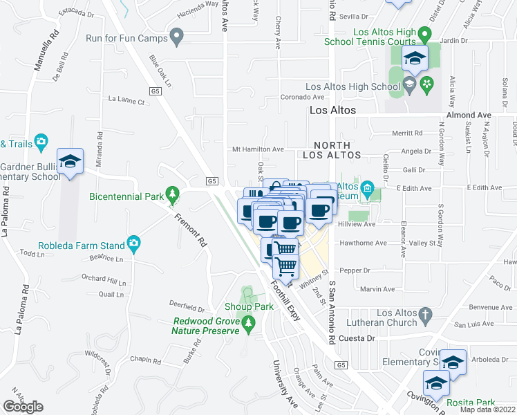 map of restaurants, bars, coffee shops, grocery stores, and more near 296 State Street in Los Altos