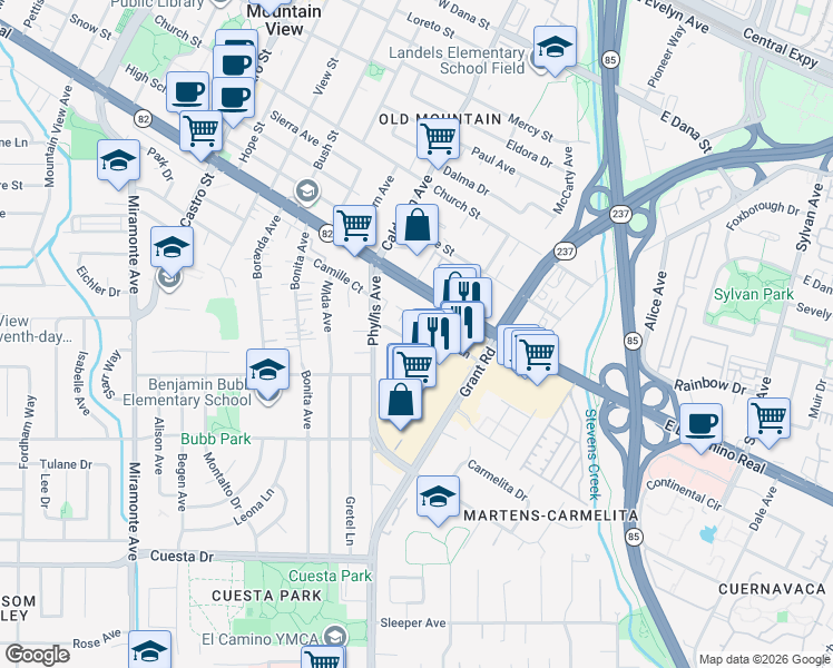 map of restaurants, bars, coffee shops, grocery stores, and more near 248 Pamela Drive in Mountain View