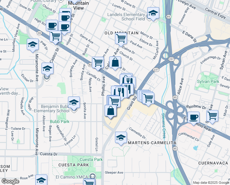 map of restaurants, bars, coffee shops, grocery stores, and more near 248 Pamela Drive in Mountain View