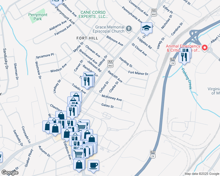 map of restaurants, bars, coffee shops, grocery stores, and more near 4725 Clarke Street in Lynchburg