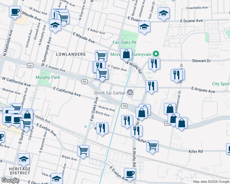 map of restaurants, bars, coffee shops, grocery stores, and more near 690 East Arques Avenue in Sunnyvale