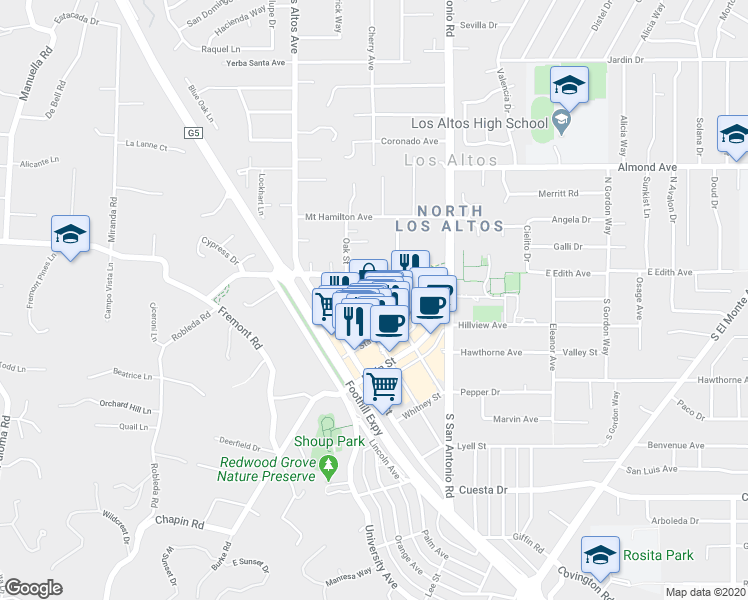 map of restaurants, bars, coffee shops, grocery stores, and more near 86 3rd Street in Los Altos