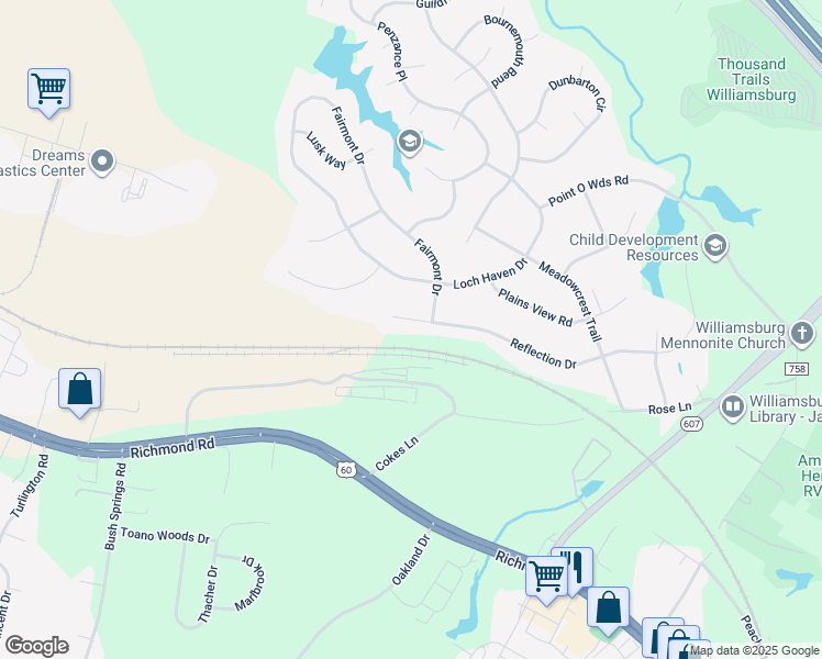 map of restaurants, bars, coffee shops, grocery stores, and more near 252 Reflection Drive in Williamsburg