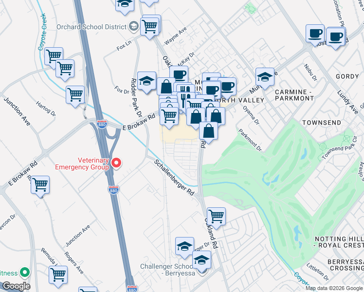 map of restaurants, bars, coffee shops, grocery stores, and more near 1057 Foxglove Place in San Jose
