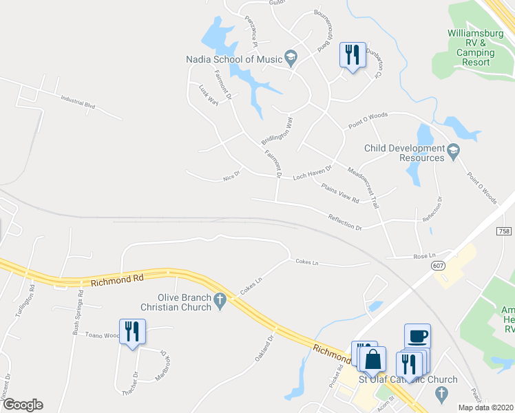 map of restaurants, bars, coffee shops, grocery stores, and more near 254 Reflection Drive in Williamsburg