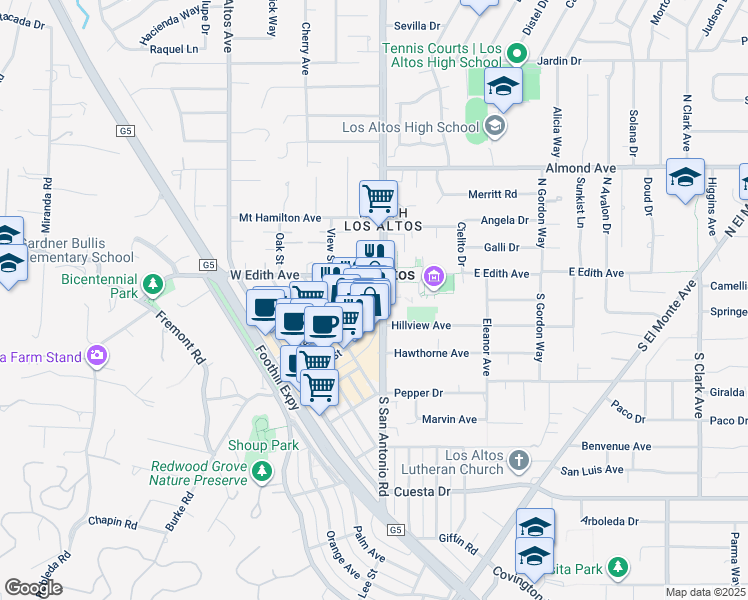 map of restaurants, bars, coffee shops, grocery stores, and more near 130 Main Street in Los Altos