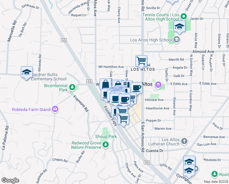 map of restaurants, bars, coffee shops, grocery stores, and more near 2 Los Altos Avenue in Los Altos