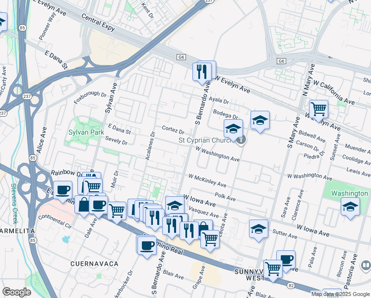 map of restaurants, bars, coffee shops, grocery stores, and more near 1212 West Washington Avenue in Sunnyvale
