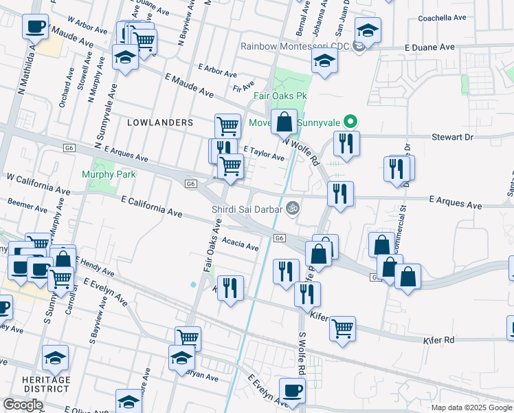 map of restaurants, bars, coffee shops, grocery stores, and more near 690 East Arques Avenue in Sunnyvale