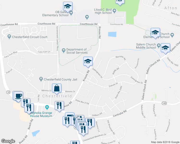 map of restaurants, bars, coffee shops, grocery stores, and more near 9729 Krause Road in Chesterfield