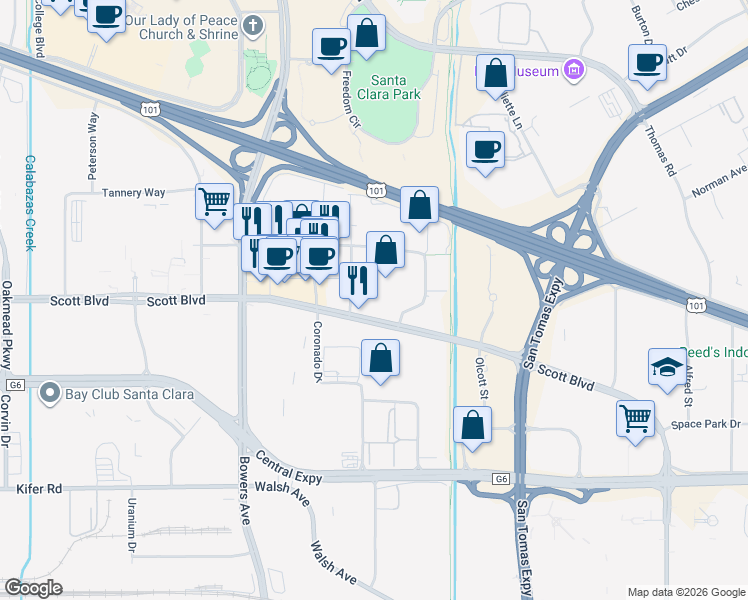 map of restaurants, bars, coffee shops, grocery stores, and more near 3315 Montgomery Drive in Santa Clara