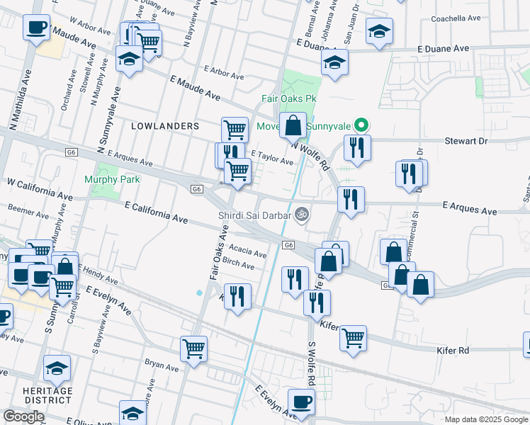 map of restaurants, bars, coffee shops, grocery stores, and more near 690 East Arques Avenue in Sunnyvale