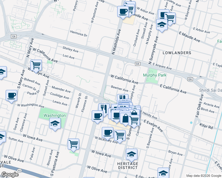 map of restaurants, bars, coffee shops, grocery stores, and more near 343 Angel Avenue in Sunnyvale
