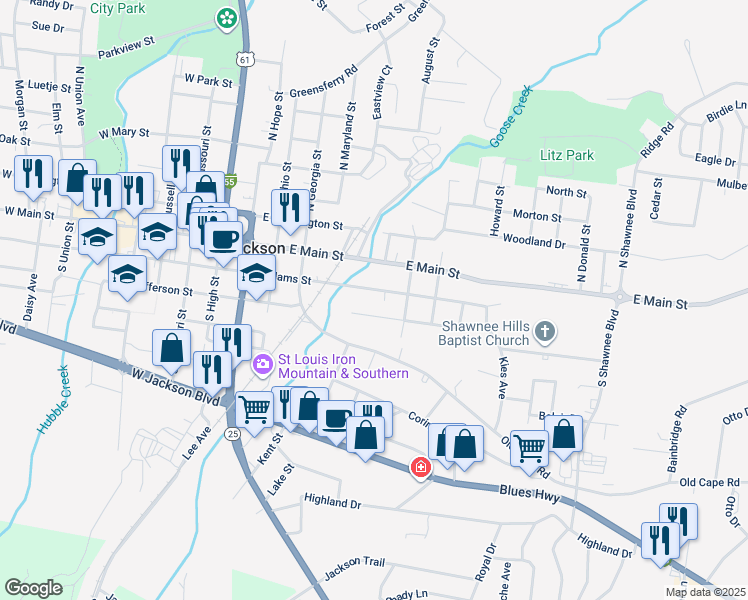 map of restaurants, bars, coffee shops, grocery stores, and more near 682 East Jefferson Street in Jackson