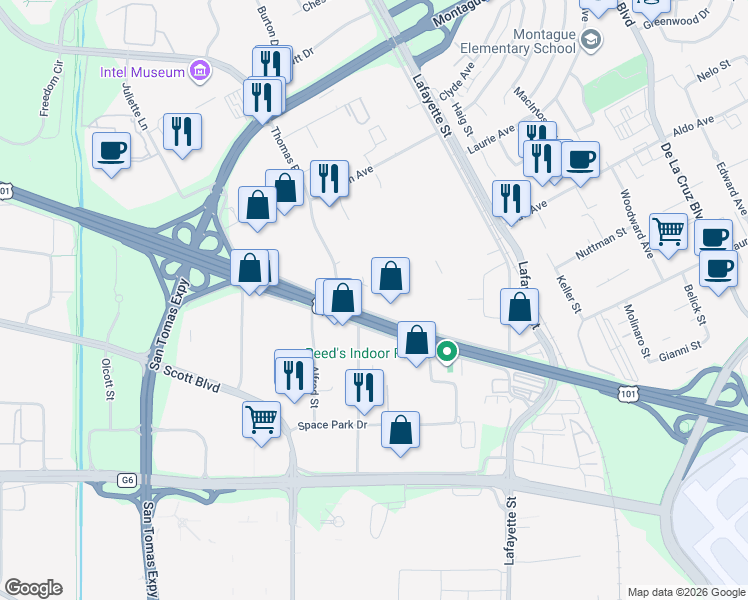 map of restaurants, bars, coffee shops, grocery stores, and more near 1459 Laurelwood Road in Santa Clara