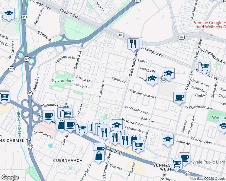 map of restaurants, bars, coffee shops, grocery stores, and more near 1240 West Washington Avenue in Sunnyvale